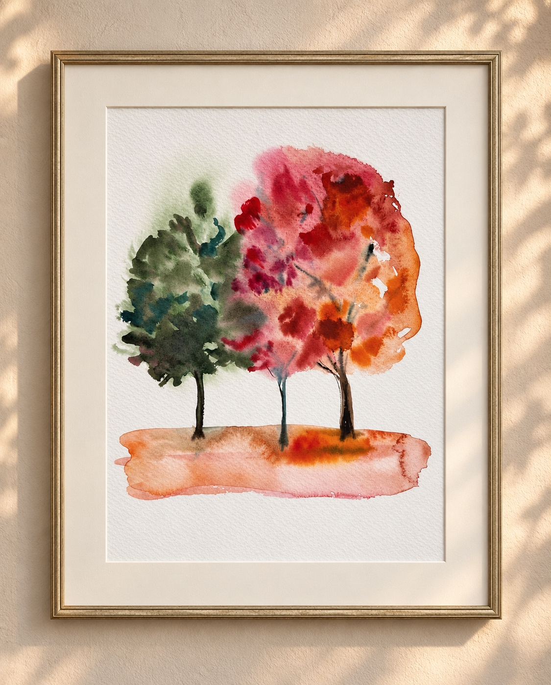 Framed visualisation of the watercolor Colorful Trees by Marina Stognieva